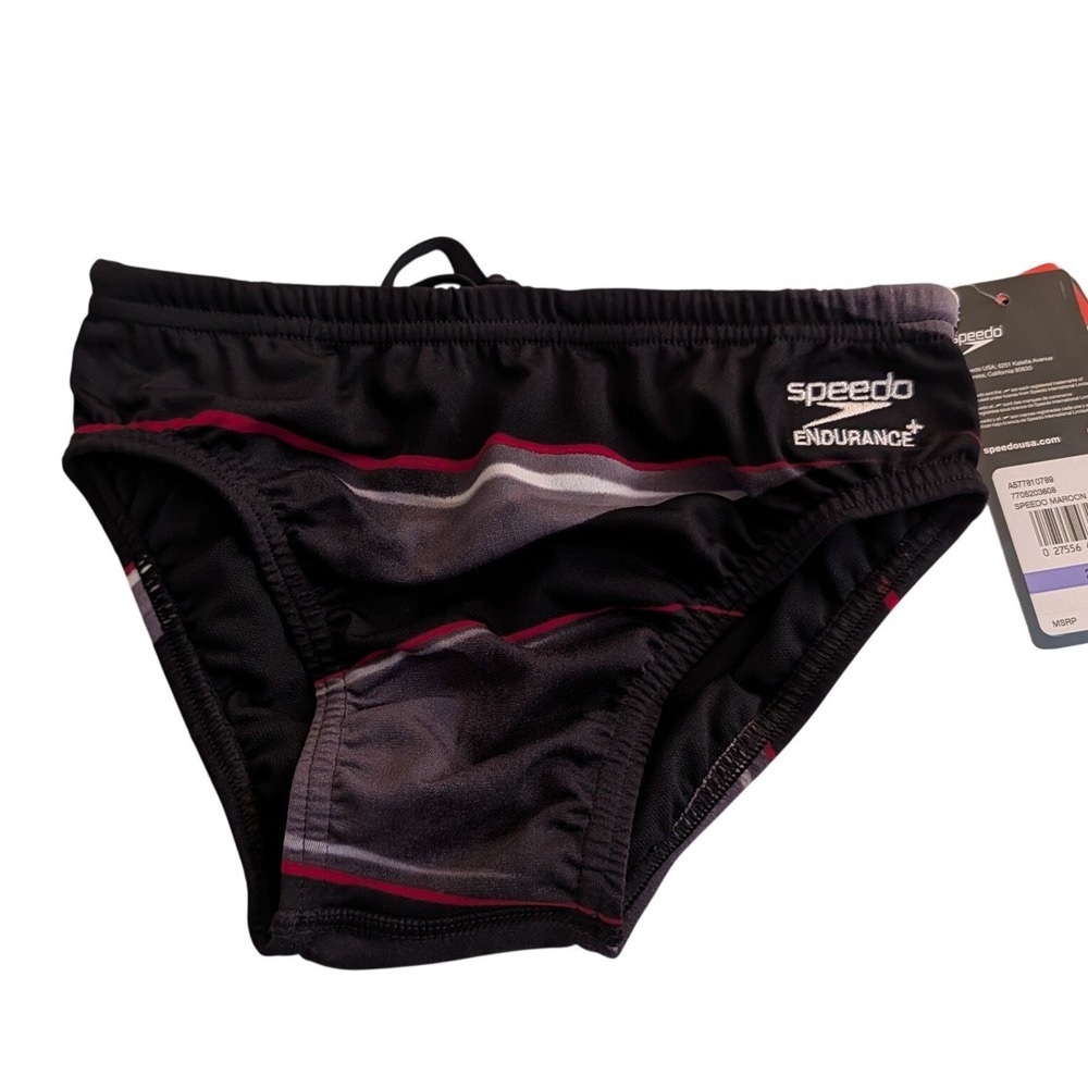 Speedo Mens Endurance+ Swim Briefs Black Maroon Striped Size 26 7705203608 NEW